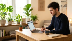 Młody mężczyzna pracujący na laptopie przy drewnianym biurku w przytulnym pokoju, pokazujący koncepcję pracy zdalnej online.